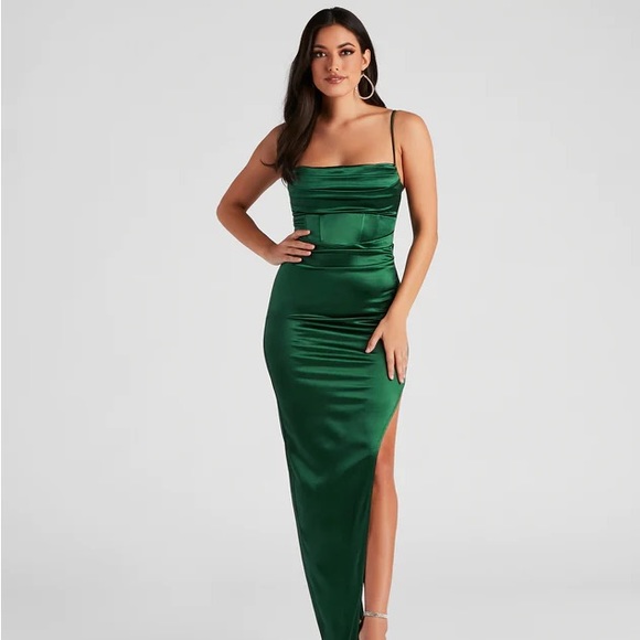 Windsor High Slit Corset Dress Dark green Satin - Picture 1 of 11